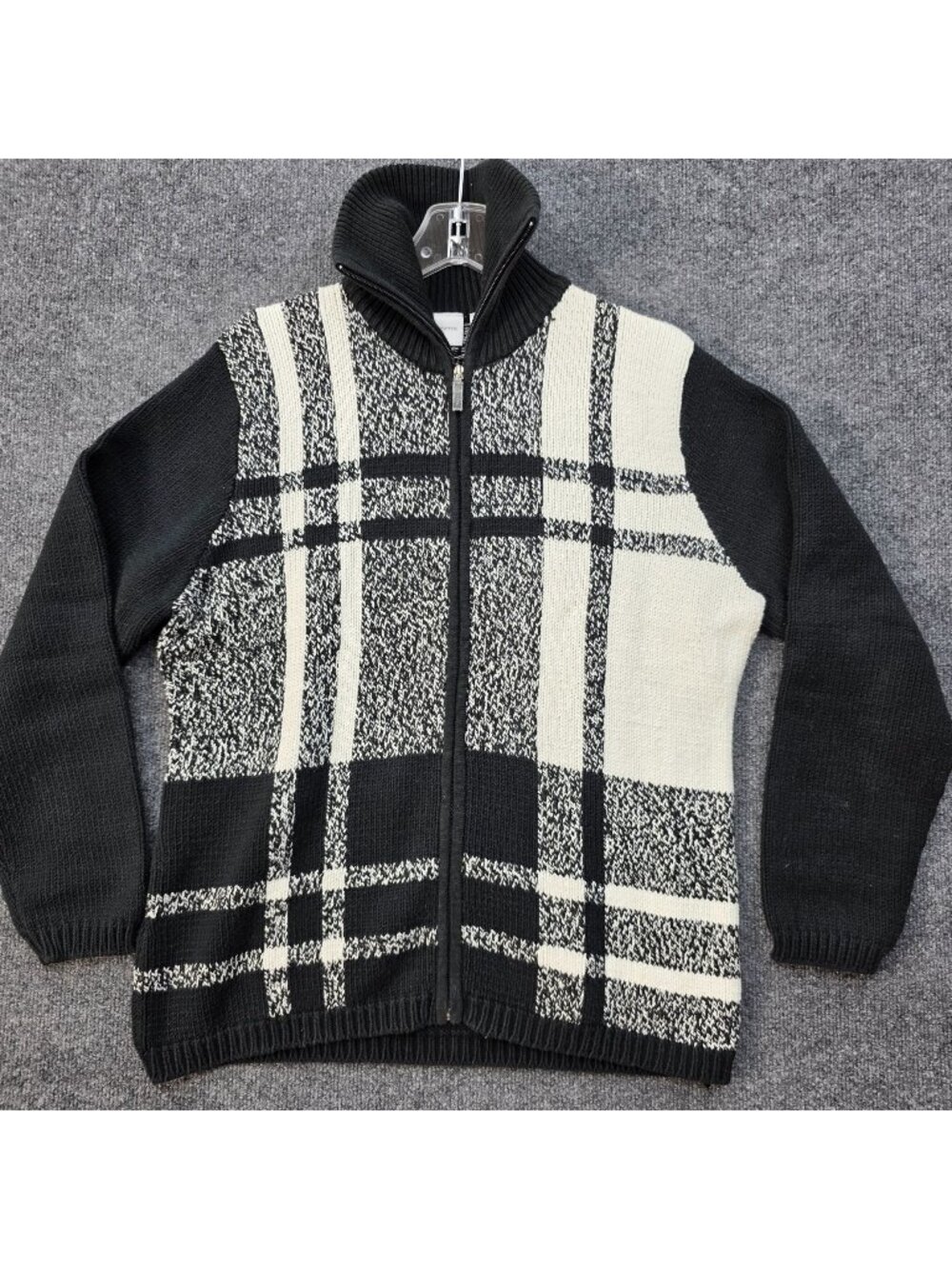 Liz Claiborne Plaid Full Zip Knit Cardigan XL Black Cotton Twee Academia Preppy